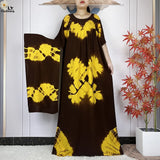 Chocolate & Yellow botanical-print dress with coordinating scarf