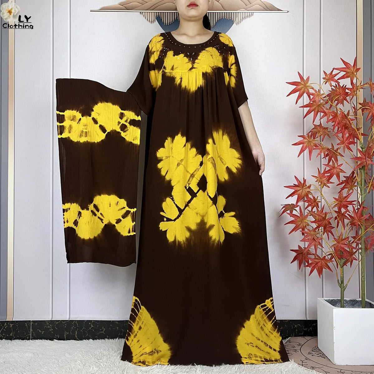 Chocolate & Yellow botanical-print dress with coordinating scarf