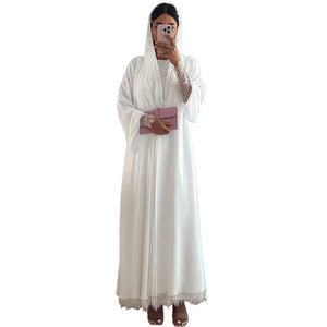 HIA White Lace-Trim Open Abaya & Hijab Set — white abaya silhouette