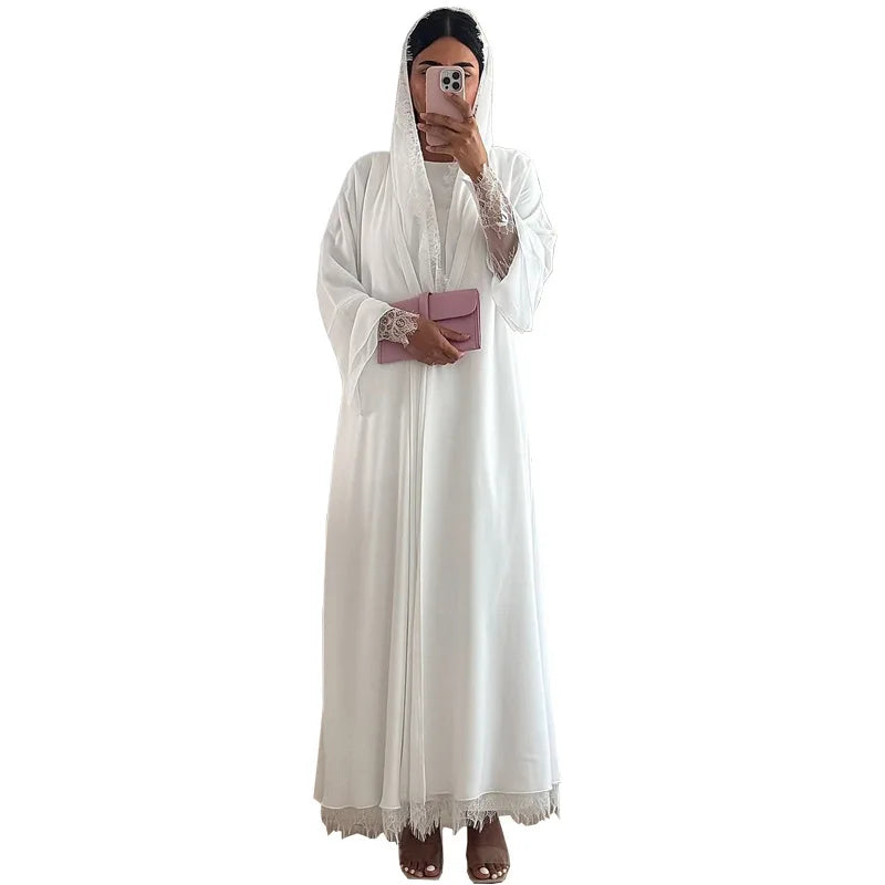 HIA White Lace-Trim Open Abaya & Hijab Set — white abaya silhouette