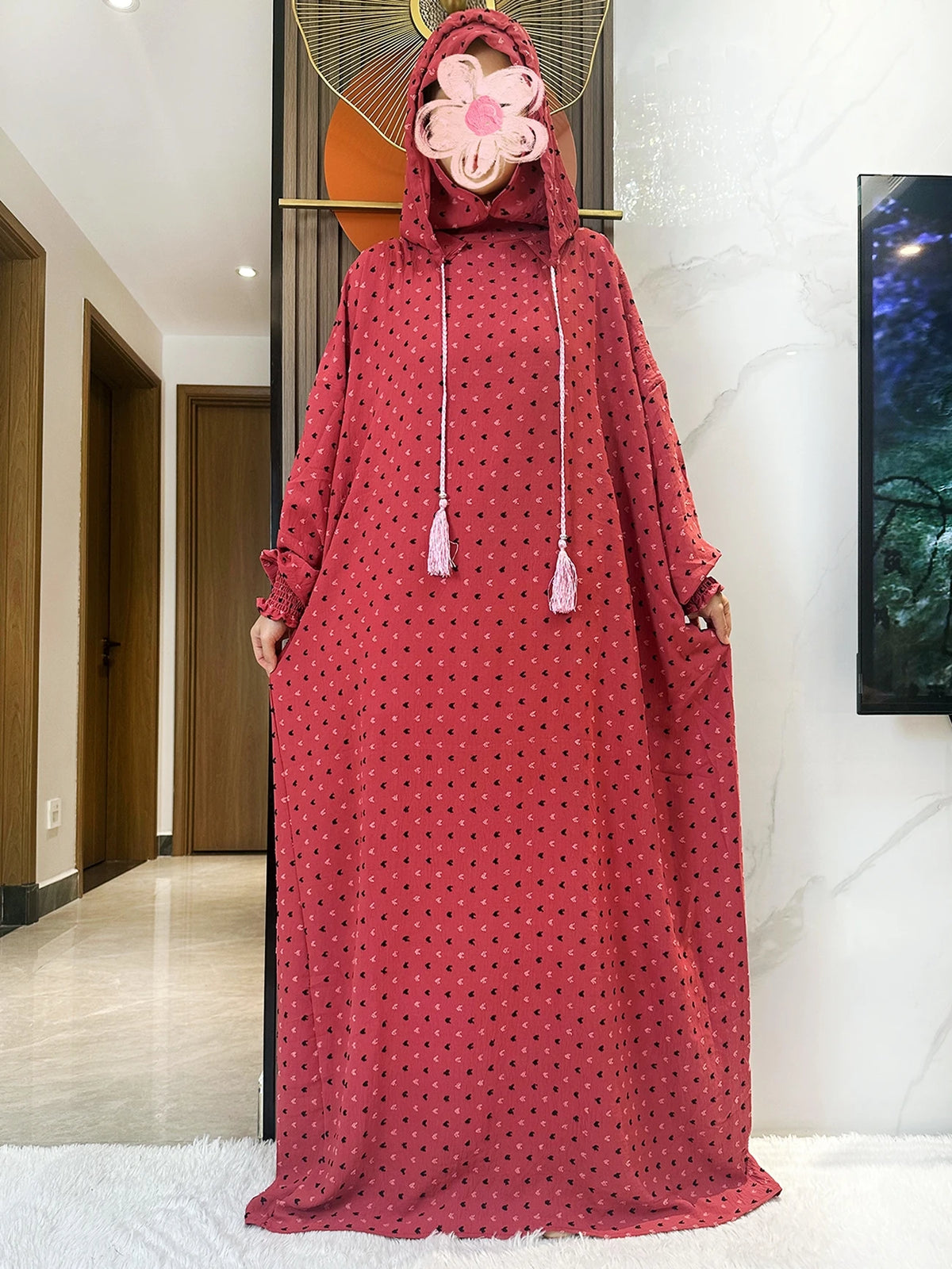 Rose fine-dot hooded prayer dress, full-length front view