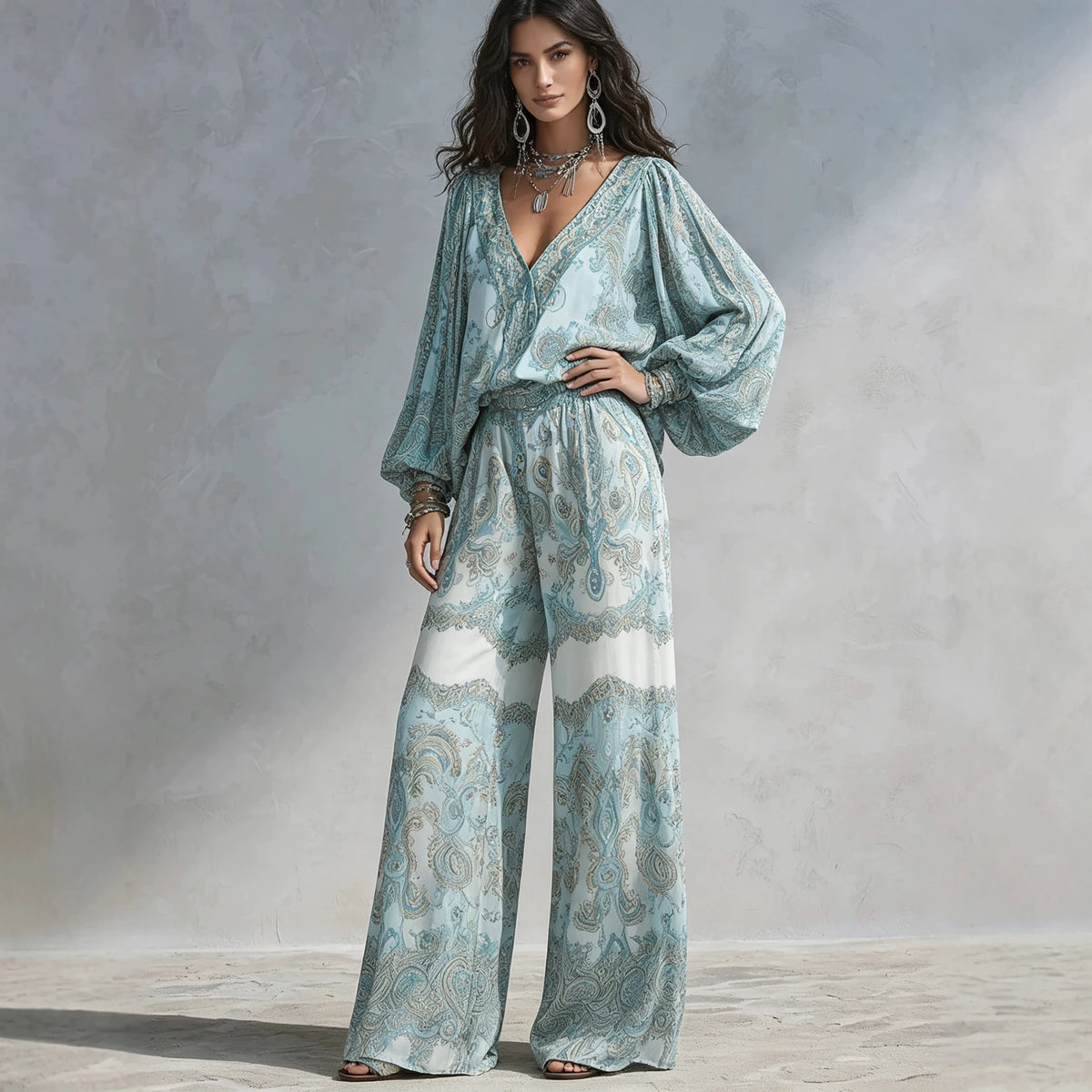 Seafoam Paisley Blouse & Wide-Leg Pants Set — full outfit styling