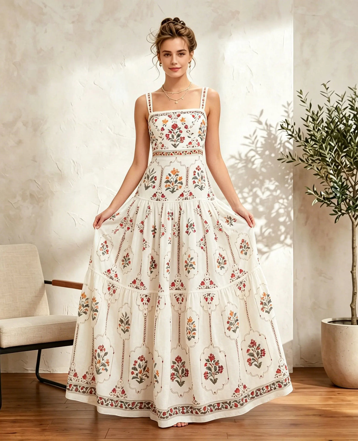 Floral Border Square-Neck Cami Maxi Dress — A-line skirt shape