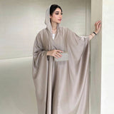 Taupe batwing open abaya showing the wide sleeve