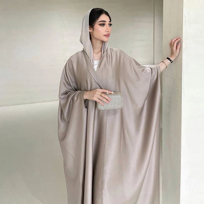 Taupe batwing open abaya showing the wide sleeve