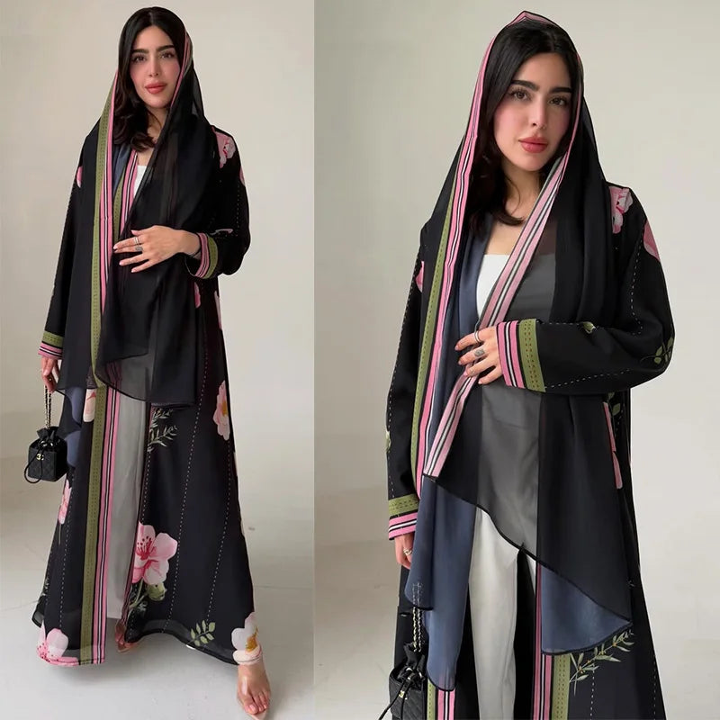 Black Floral Border Abaya & Hijab Set — product view 1