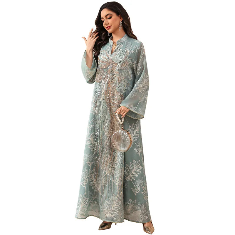 HIA Sequined Botanical Embroidered Abaya — Green angled view