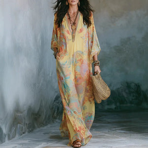 HIA pastel paisley V-neck kaftan — Yellow full front view