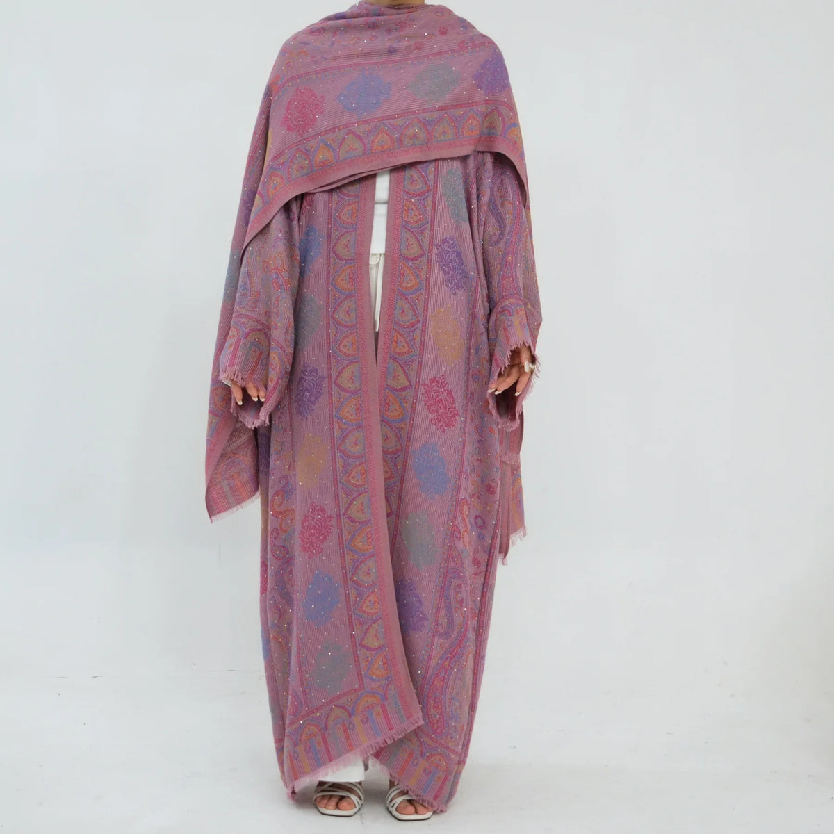 Ornate Paisley Abaya & Shawl Set — Dark Purple full-length front