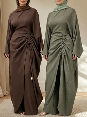 HIA Ruched Crinkle Tunic & Wide-Leg Trousers Set — outfit and fabric detail, view 3