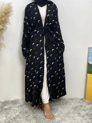 Crescent Embroidered Open Abaya — Black | HIA