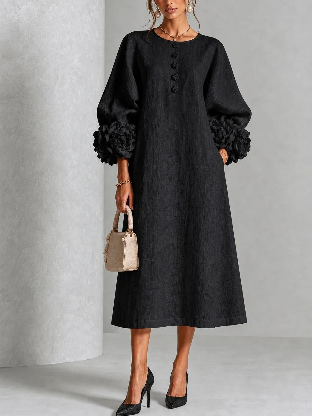 HIA floral cuff textured midi dress — Black front view