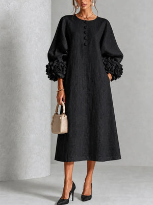 HIA floral cuff textured midi dress — Black front view
