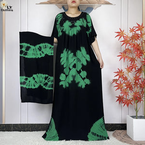 Black & Green botanical-print dress with coordinating scarf