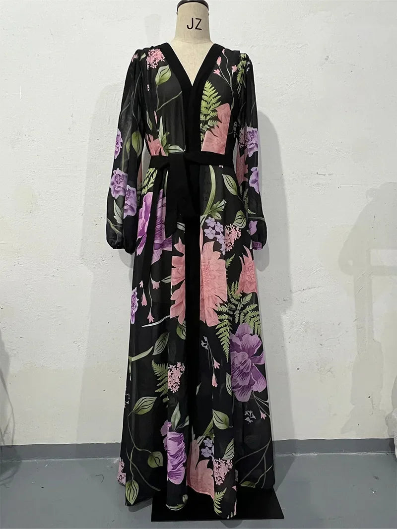 Midnight Floral Tie-Waist Maxi Dress in Black Floral — HIA