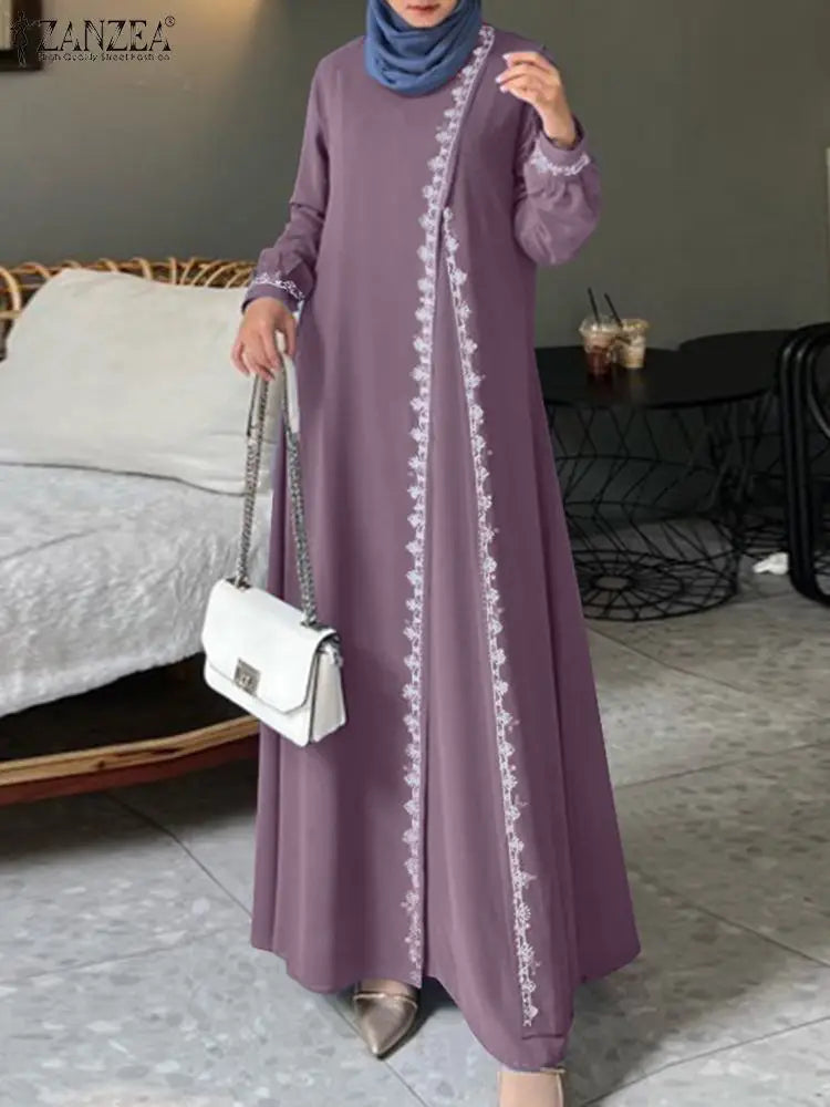 ZANZEA Lace Patchwork Maxi Dress – Stylish Long-Sleeve Abaya