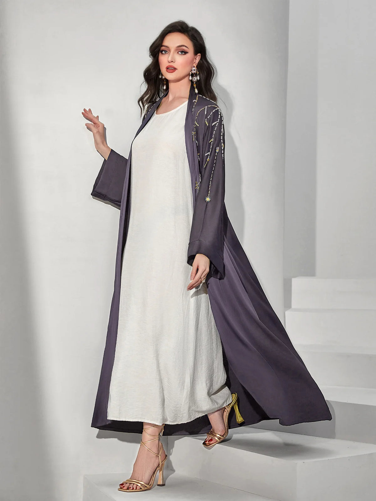 HIA Celestial Beaded Open Abaya — Full-length front