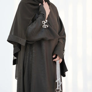 HIA Bow-Cuff Satin Abaya — Gray cuffs