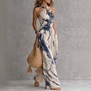 Ink Print Halter Wide-Leg Jumpsuit — halter neckline and wide-leg styling