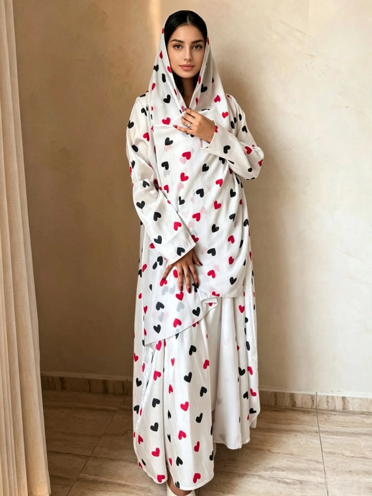 Heart Print Abaya & Hijab Set — White with Red and Black Hearts coordinated hijab