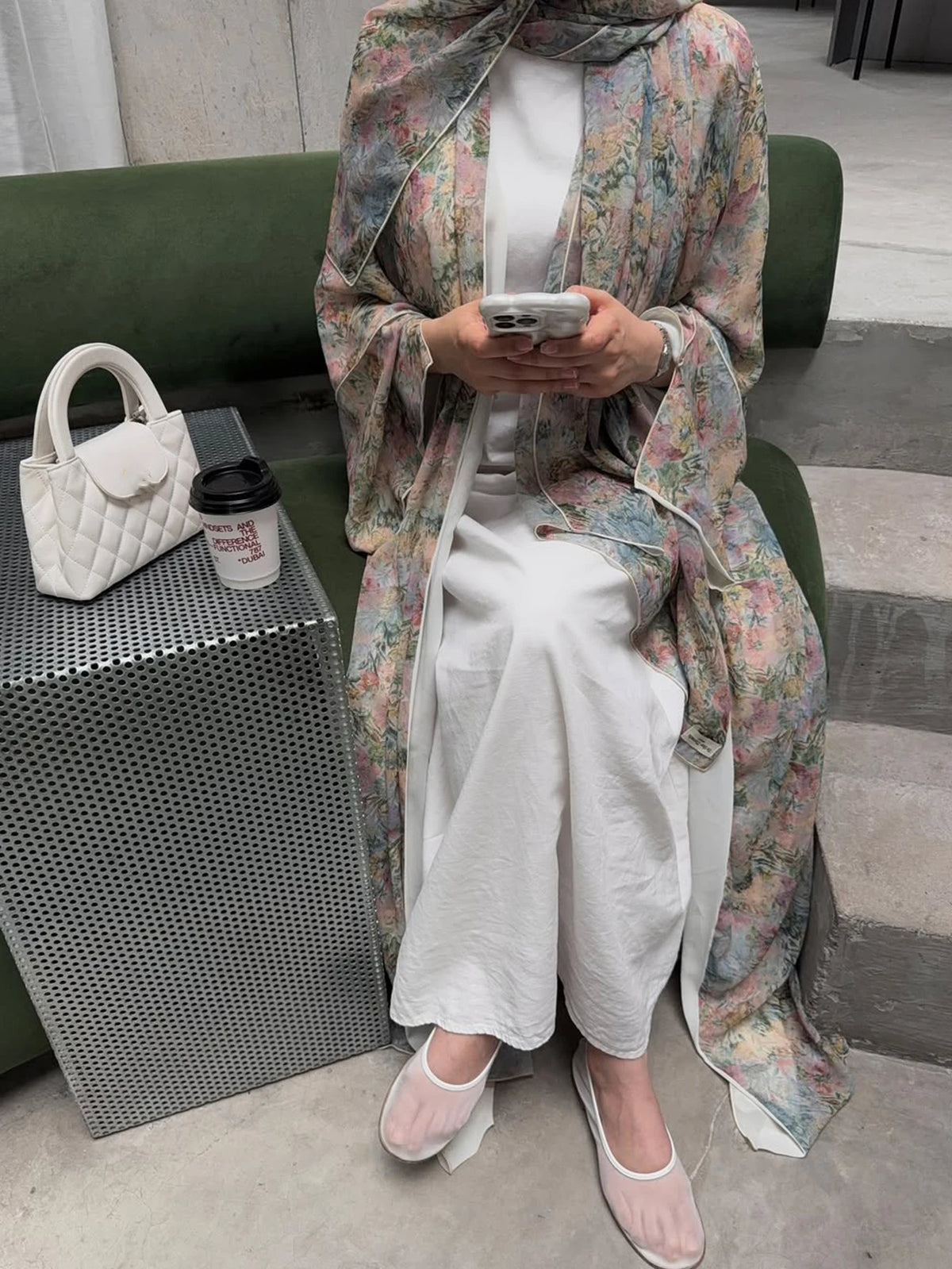 HIA soft floral open abaya and scarf – seated styling