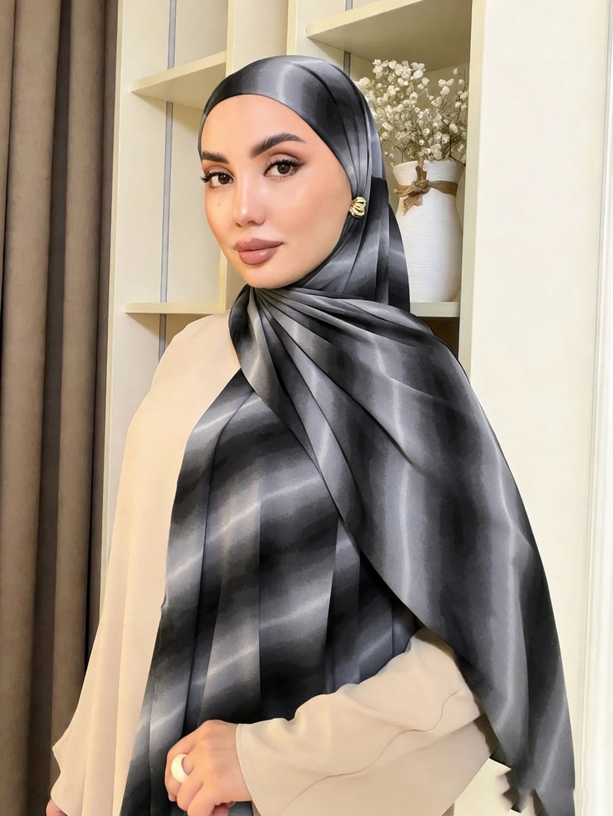 HIA Statement Print Chiffon Hijab — scarf styling and fabric detail, view 9