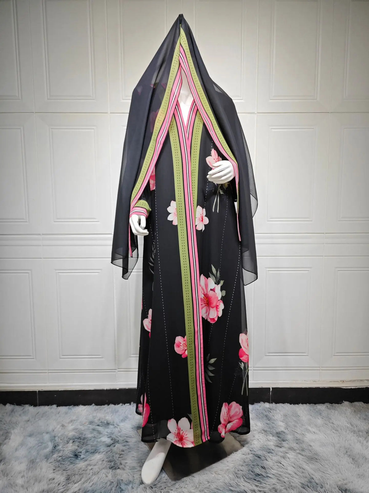 Black Floral Border Abaya & Hijab Set — product view 6