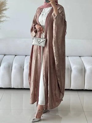 HIA Textured Satin-Look Open Abaya — Dusty Pink, full front view