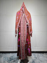 HIA Floral Border Open Abaya — Brown Floral, front view on mannequin