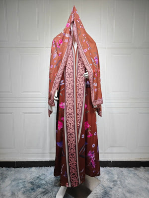 HIA Floral Border Open Abaya — Brown Floral, front view on mannequin
