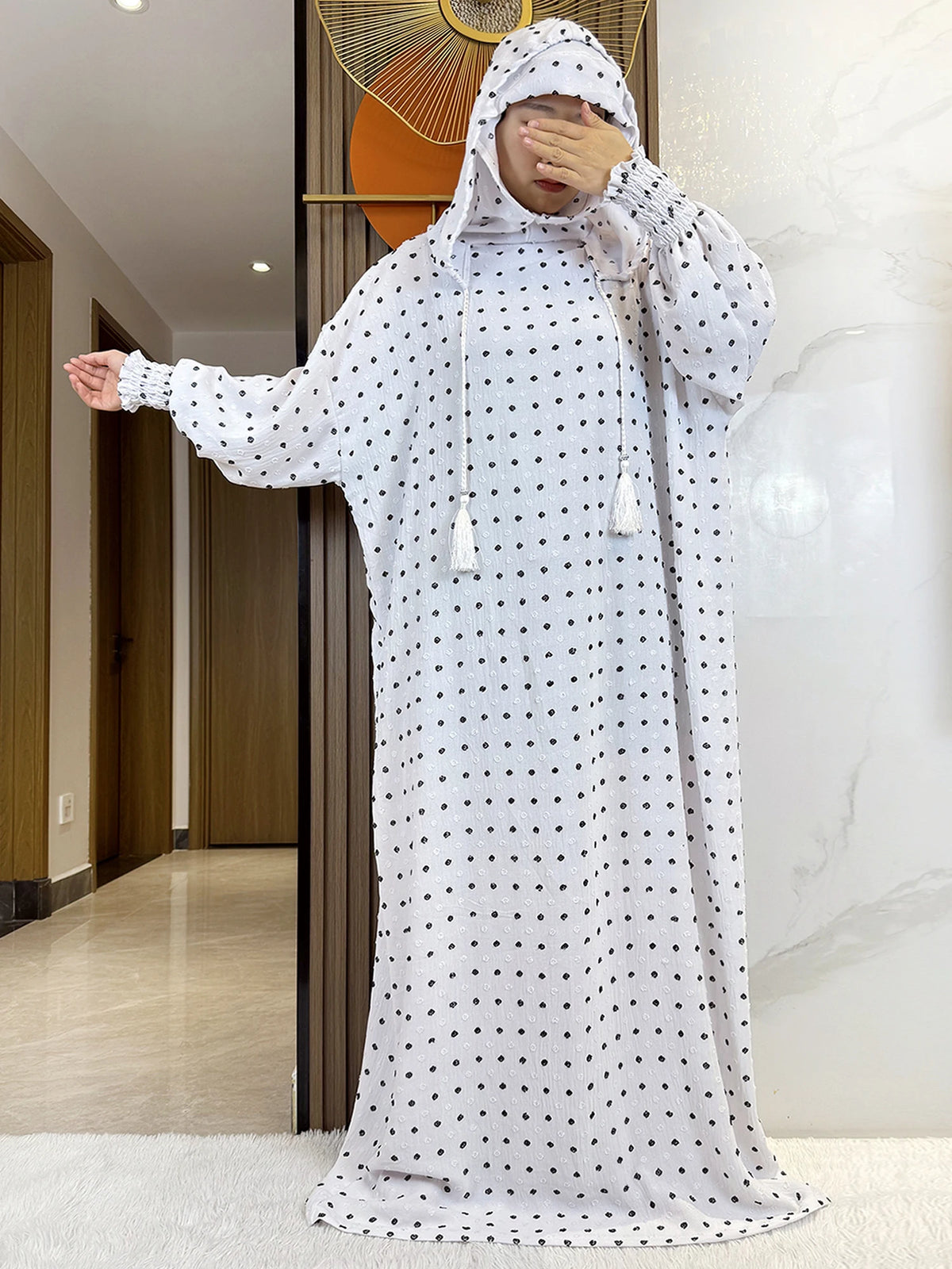 White fine-dot hooded prayer dress, full-length front view