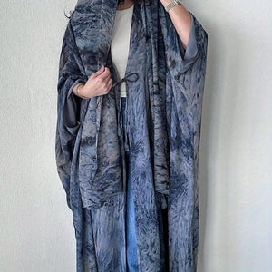 Blue tie-dye print open abaya, close-up of the front