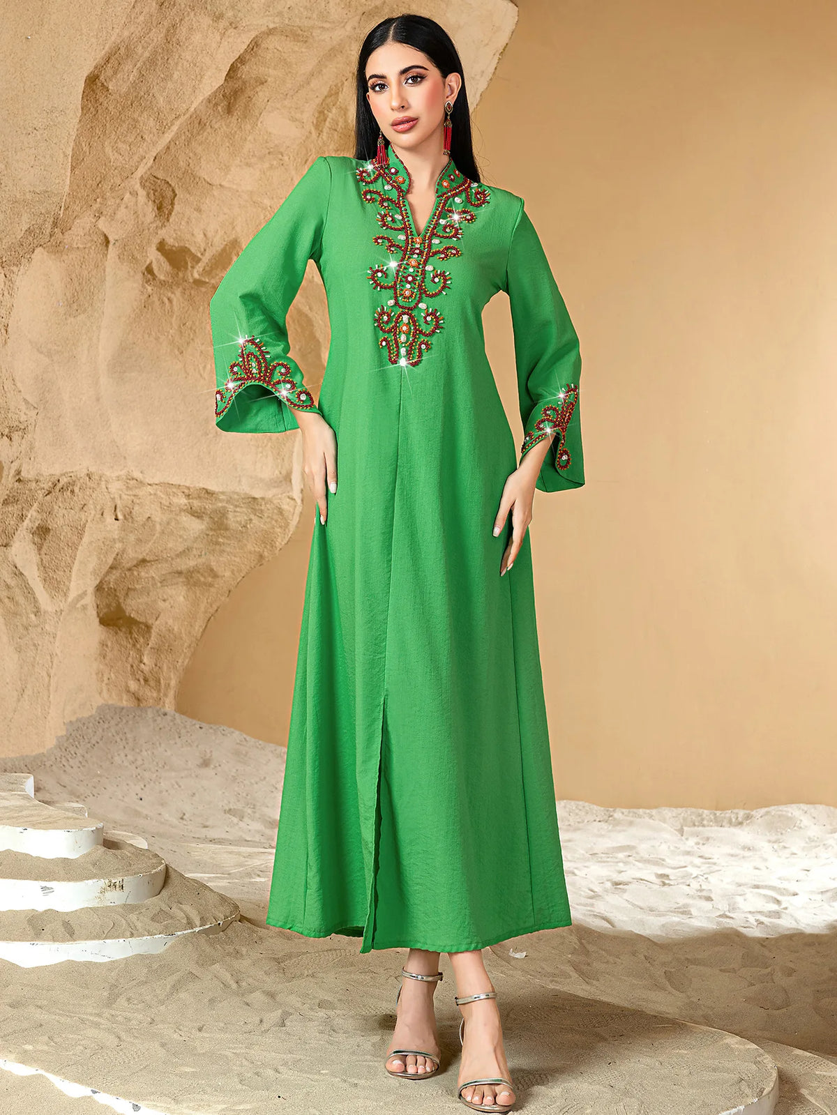 Embellished Neckline Occasion Dress — Green sleeve detail