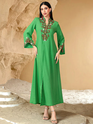 Embellished Neckline Occasion Dress — Green sleeve detail