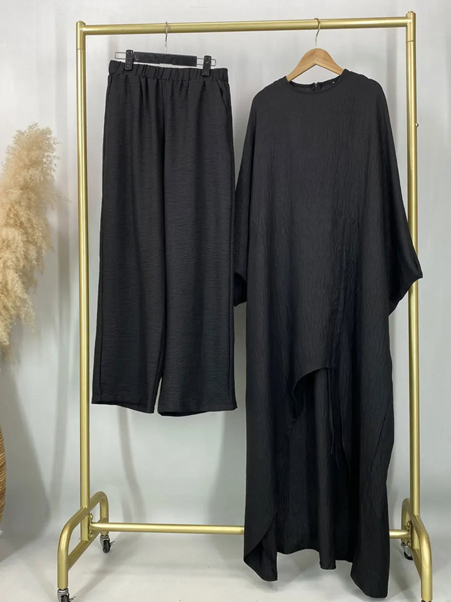 HIA Ruched Crinkle Tunic & Wide-Leg Trousers Set — outfit and fabric detail, view 6