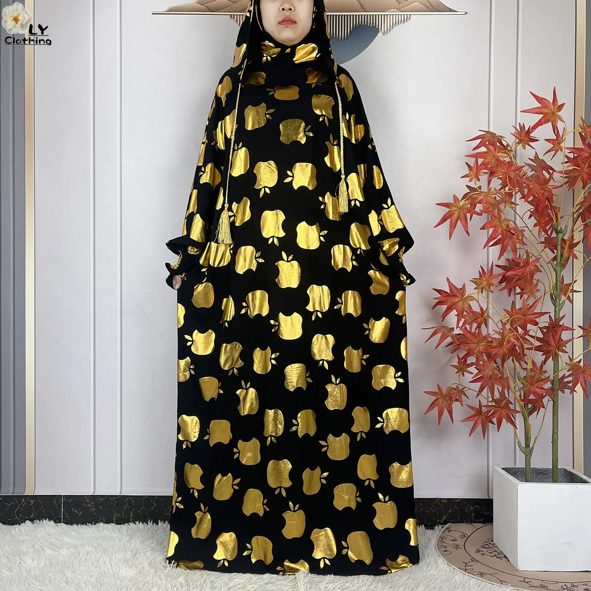 Gold-Motif Hooded Prayer Dress in Gold Print 02 — HIA