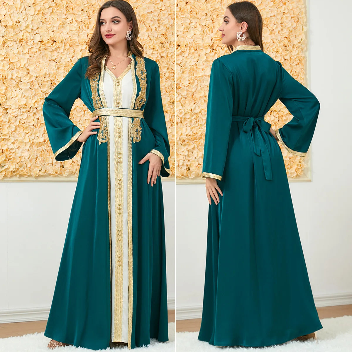 HIA Gilded Trim Abaya & Dress Set — Three colorways