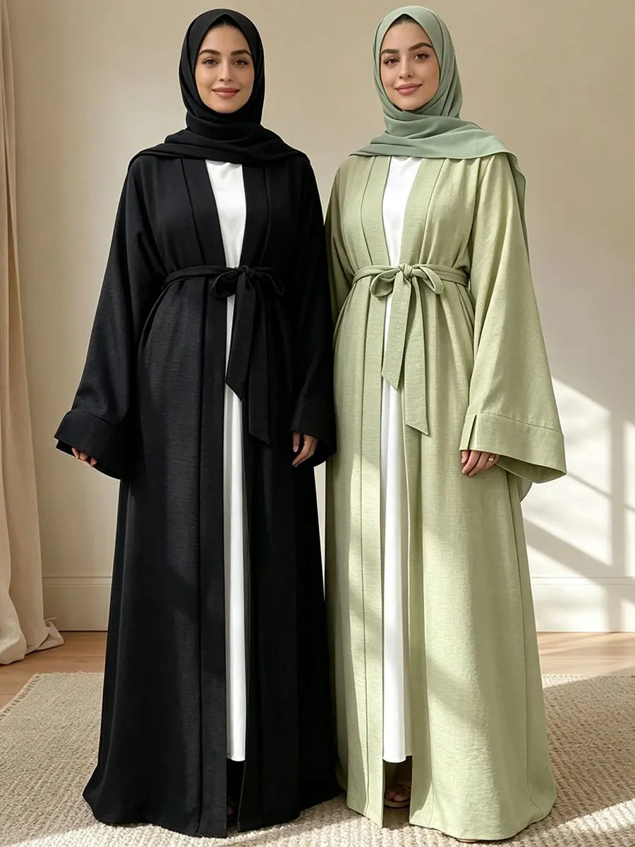Belted flared-sleeve open abaya in Black and Green