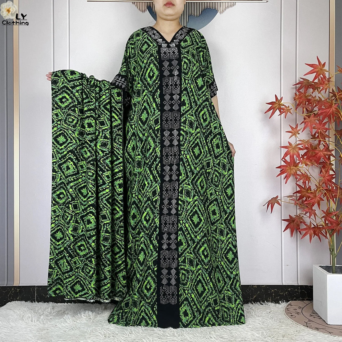 Geometric Maxi Dress & Oversized Scarf Set — Green Geometric | HIA