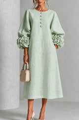 HIA floral cuff textured midi dress — Sage front view