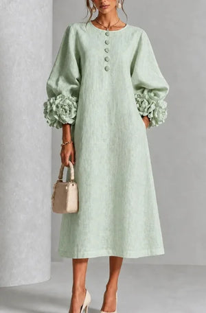 HIA floral cuff textured midi dress — Sage front view