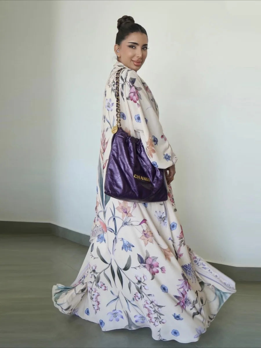 HIA Floral Border Open Abaya — Ivory Floral, flowing back and side view
