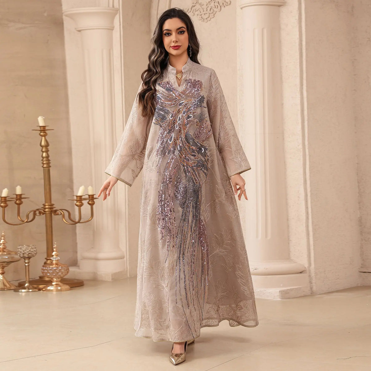 HIA Sequined Botanical Embroidered Abaya — Purple front view