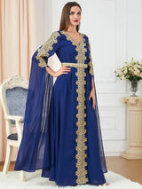 HIA Gilded Cape-Sleeve Occasion Dress — Light blue full-length view