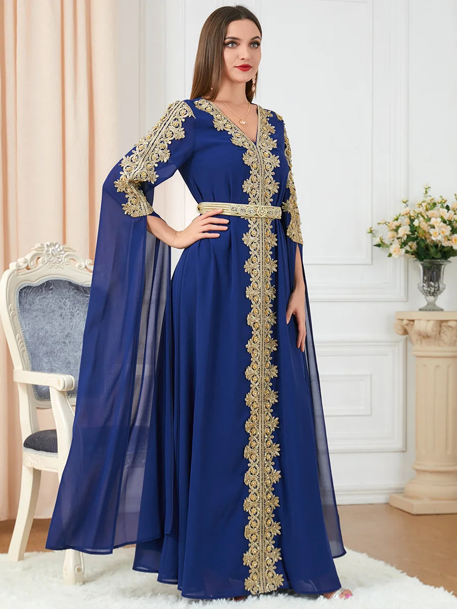 HIA Gilded Cape-Sleeve Occasion Dress — Light blue full-length view