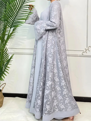 HIA Floral Lace Abaya & Inner Dress Set — Light Gray, side view