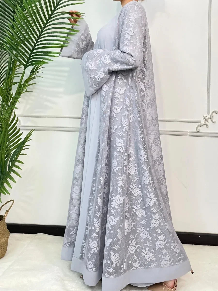 HIA Floral Lace Abaya & Inner Dress Set — Light Gray, side view