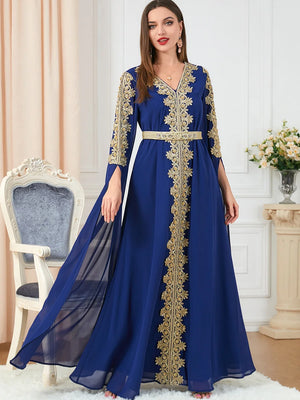 HIA Gilded Cape-Sleeve Occasion Dress — Navy front