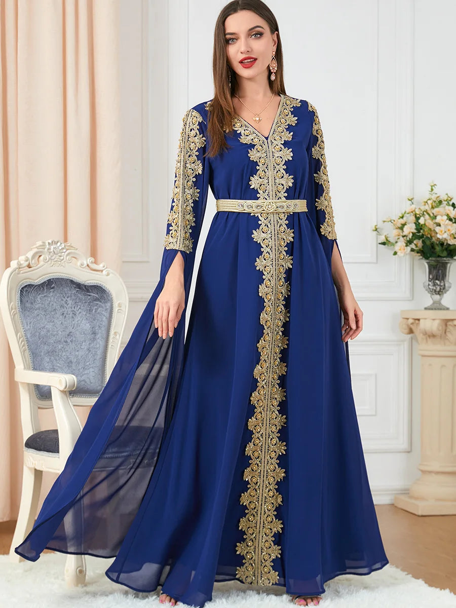 HIA Gilded Cape-Sleeve Occasion Dress — Navy front