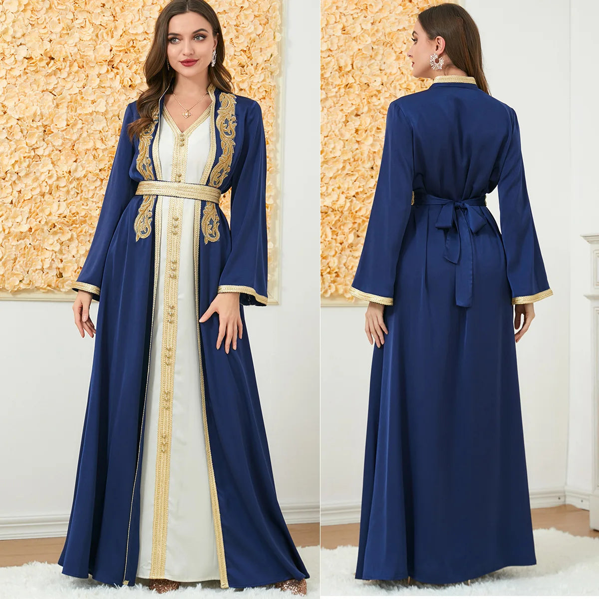 HIA Gilded Trim Abaya & Dress Set — Deep Green front and back